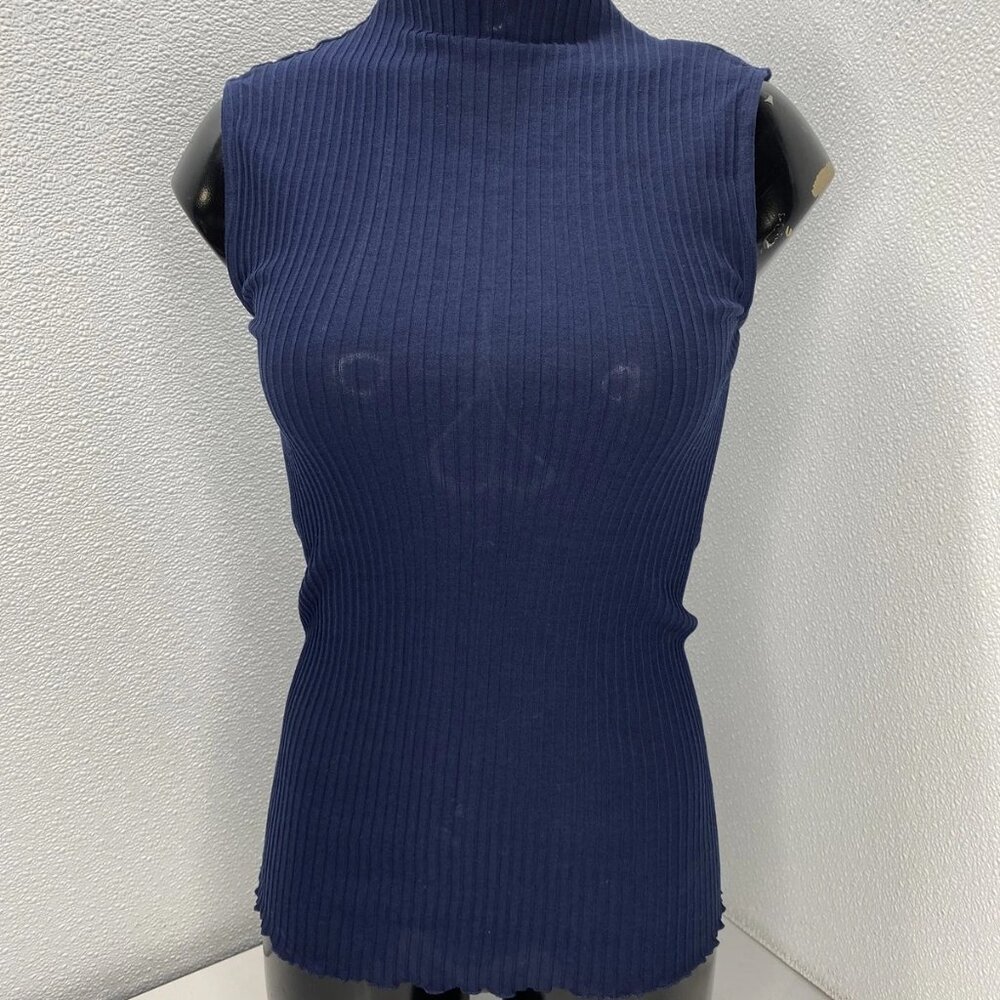 NEW THEORY Women’s Funnel Neck Ribbed Sleeveless Tank Top – Navy Blue – Size SP